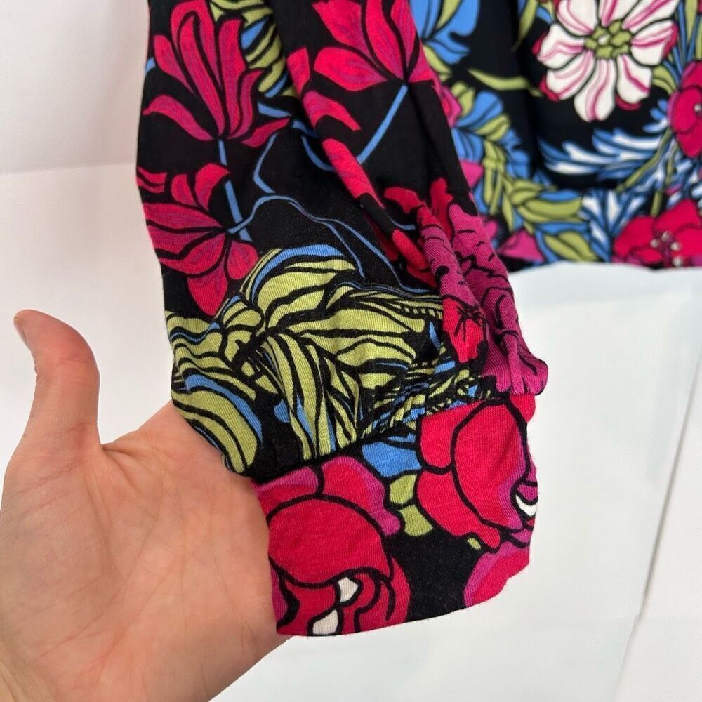 Anthropologie Dark Floral Wrap Blouse with Red and Pink Blooms - Picture 6 of 15